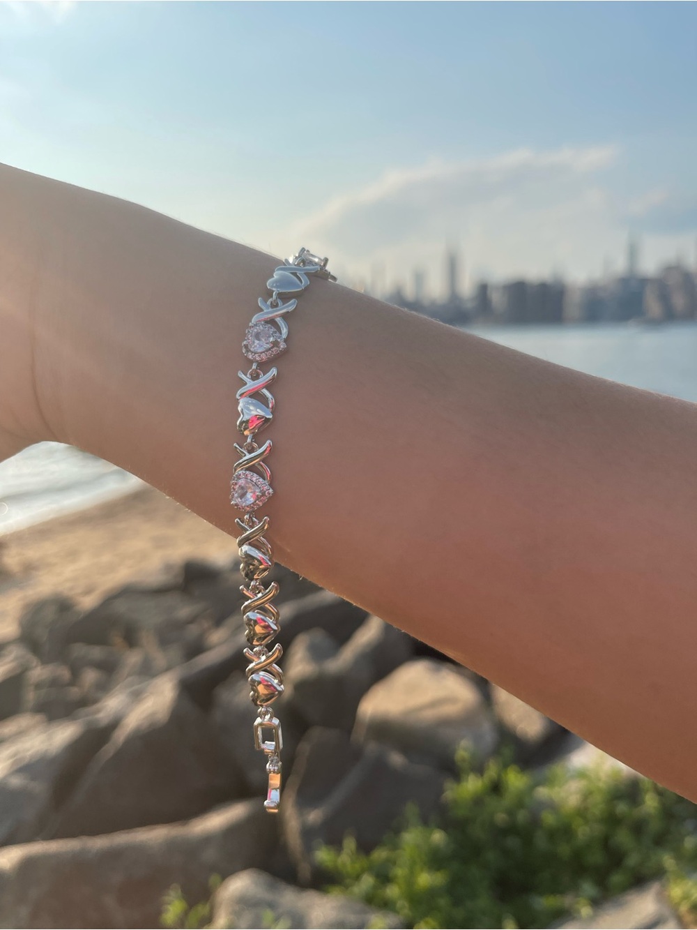 Silver Heart Link Bracelet with Clear Stones - Women Jewelry